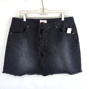 BONGO Black Distressed Lace Up Denim Mini Skirt